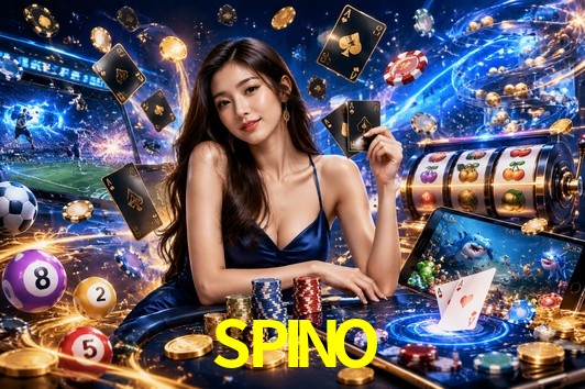 Una escena digital vívida inspirada en casino con SPINO mostrado prominentemente, luces brillantes, fichas, cartas y acentos dorados.