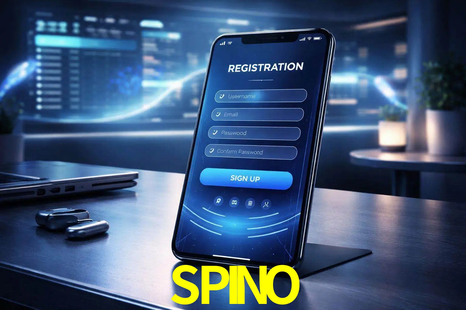 Una interfaz moderna de registro móvil para SPINO mostrada en un smartphone con un panel de apuestas elegante.